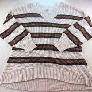 American Eagle Woman's V-Neck Oversized Sweater, Brown STRIPES medium